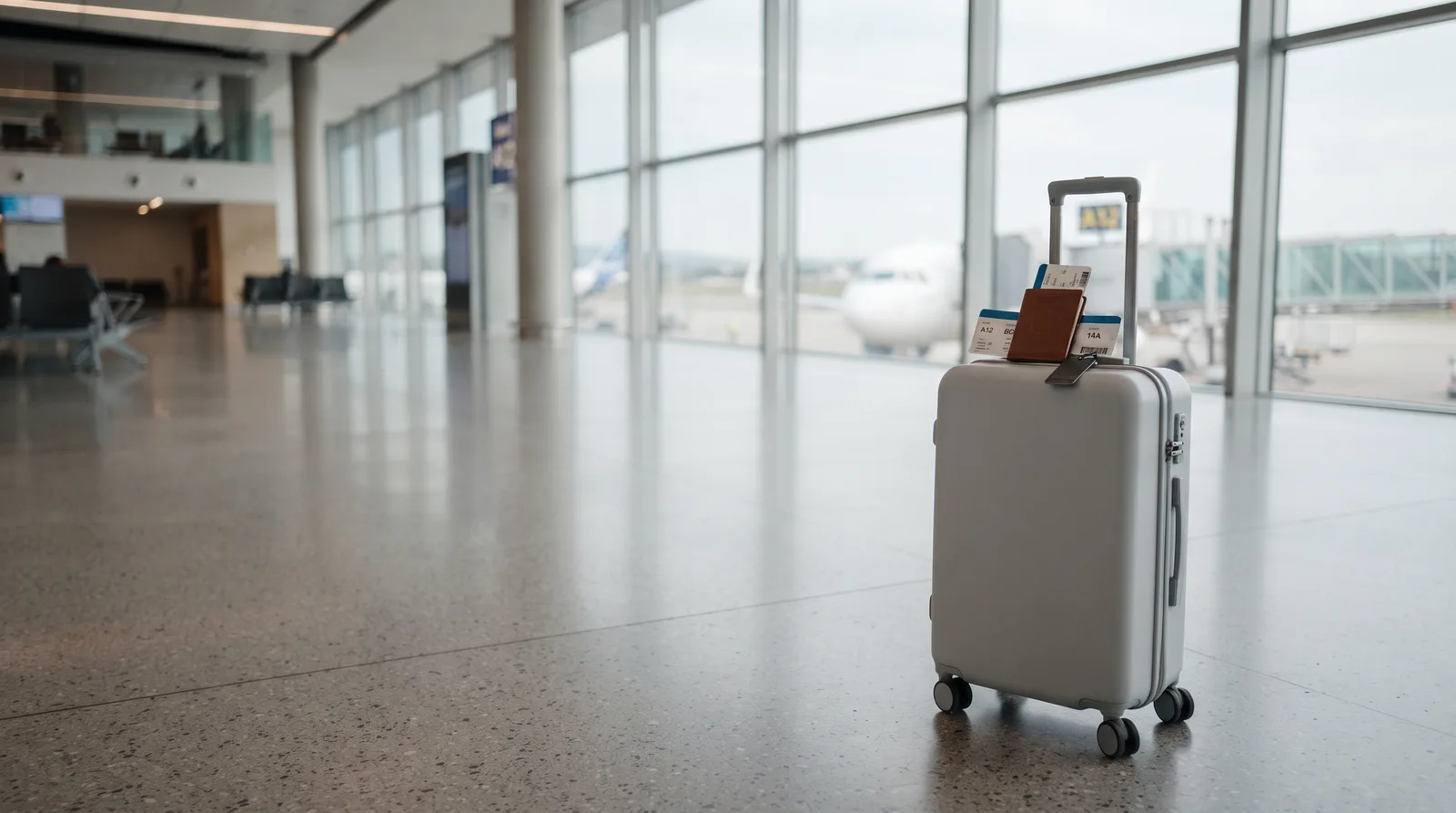 Heller Hartschalen-Handgepäckkoffer mit Reisepass im Flughafenterminal (Symbolbild)